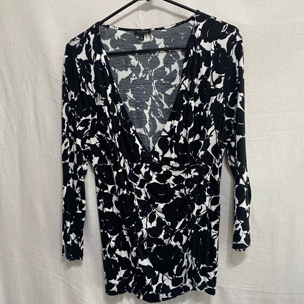 Talbots Floral‎ Print Draped Surplice Top Black White Stretch Knit Women's Large
